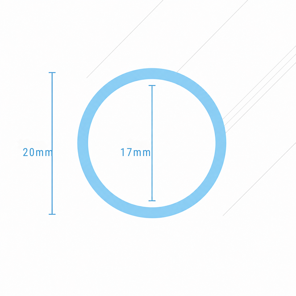 Cross section diagram of PVC tube showing 20mm outer diameter and 17mm internal diameter