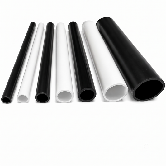 Rigid PVC round tubes in white and black, showing open bore ends and multiple sizes, UK made by Plastic Profile Supplies