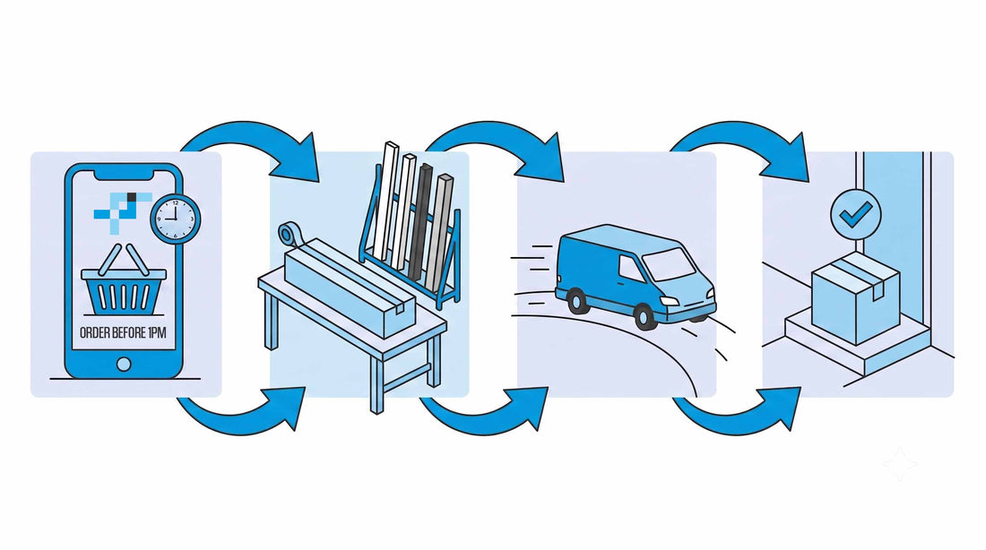 Four-stage illustration showing the PVC profile delivery journey from online order to doorstep, connected by arrows