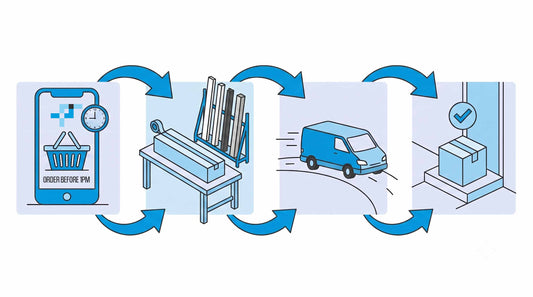 Four-stage illustration showing the PVC profile delivery journey from online order to doorstep, connected by arrows