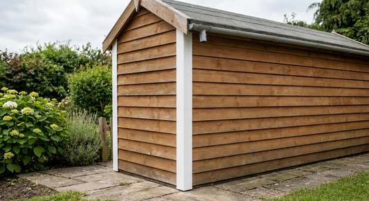 White PVC Trim used as Trim for the edge of a garden shed or man cave set in a typical English garden.. 
