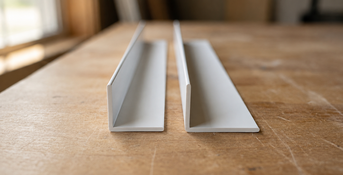 Equal leg and unequal leg PVC angle trim compared side by side showing the different profile shapes