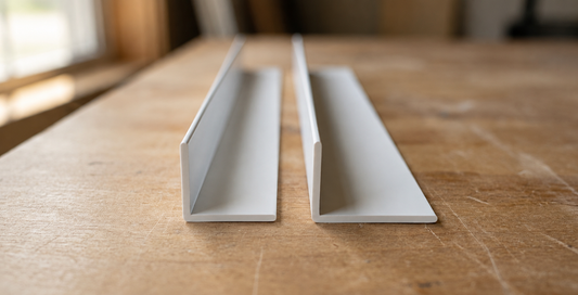 Equal leg and unequal leg PVC angle trim compared side by side showing the different profile shapes
