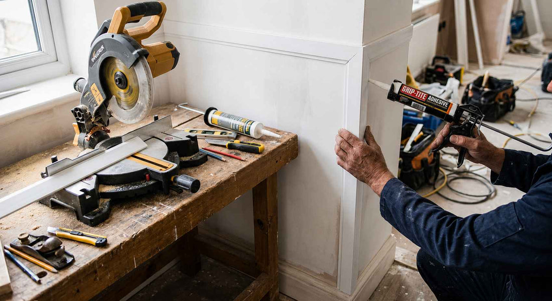 Tradesman fixing white PVC angle trim to a wall corner