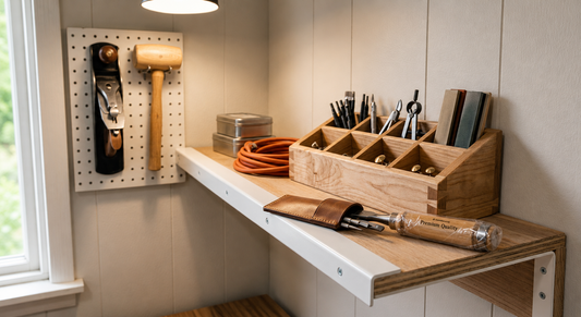 White PVC angle trim fitted along the front edge of a workshop shelf for edge protection