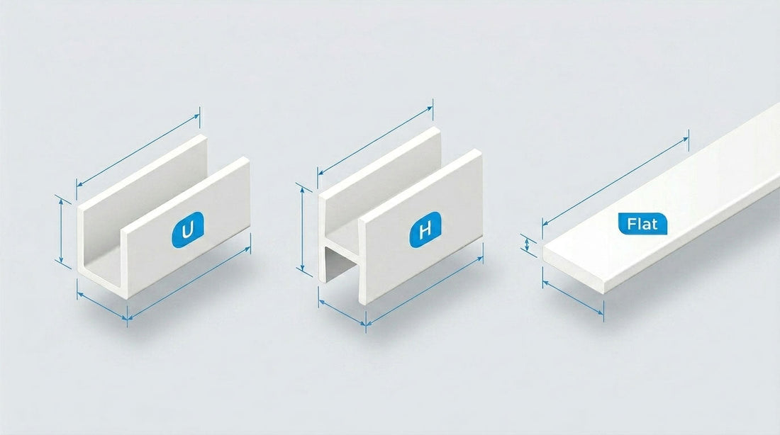 Illustration comparing PVC U channel, H section and flat bar profiles
