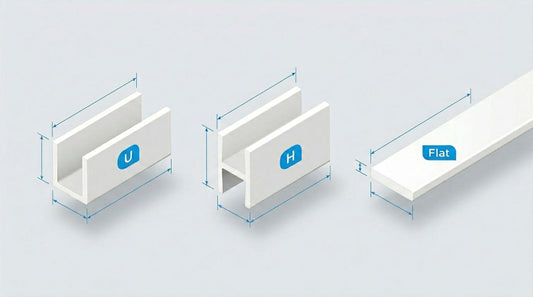 Illustration comparing PVC U channel, H section and flat bar profiles