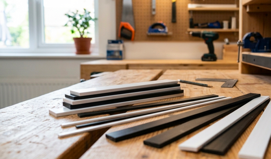 White and black PVC flat bar strip shown in several practical workshop