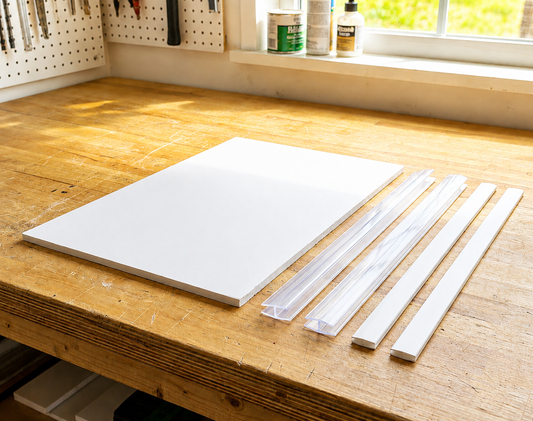 Clear PVC H section and white flat bar trim laid out with a foamex panel on a workshop bench for signage fabrication