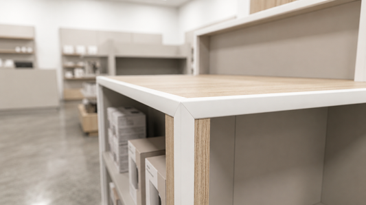 White PVC angle trim and flat bar strips used for shopfitting and retail display edging