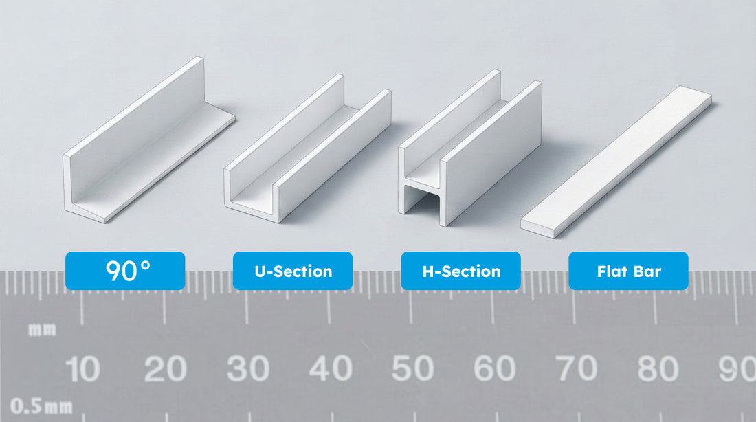 Illustration comparing four PVC profile shapes — 90 degree angle, U-section, H-section and flat bar — shown alongside a ruler to illustrate measurement