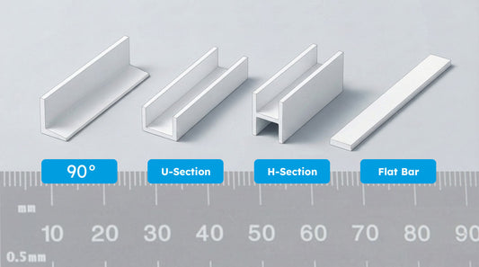 Illustration comparing four PVC profile shapes — 90 degree angle, U-section, H-section and flat bar — shown alongside a ruler to illustrate measurement