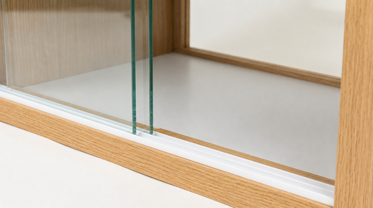 White PVC vivarium glass runner channel with sliding glass panel fitted into a vivarium frame corner