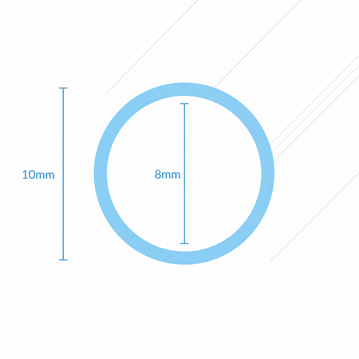 Cross section diagram of PVC tube showing 10mm outer diameter and 8mm internal diameter