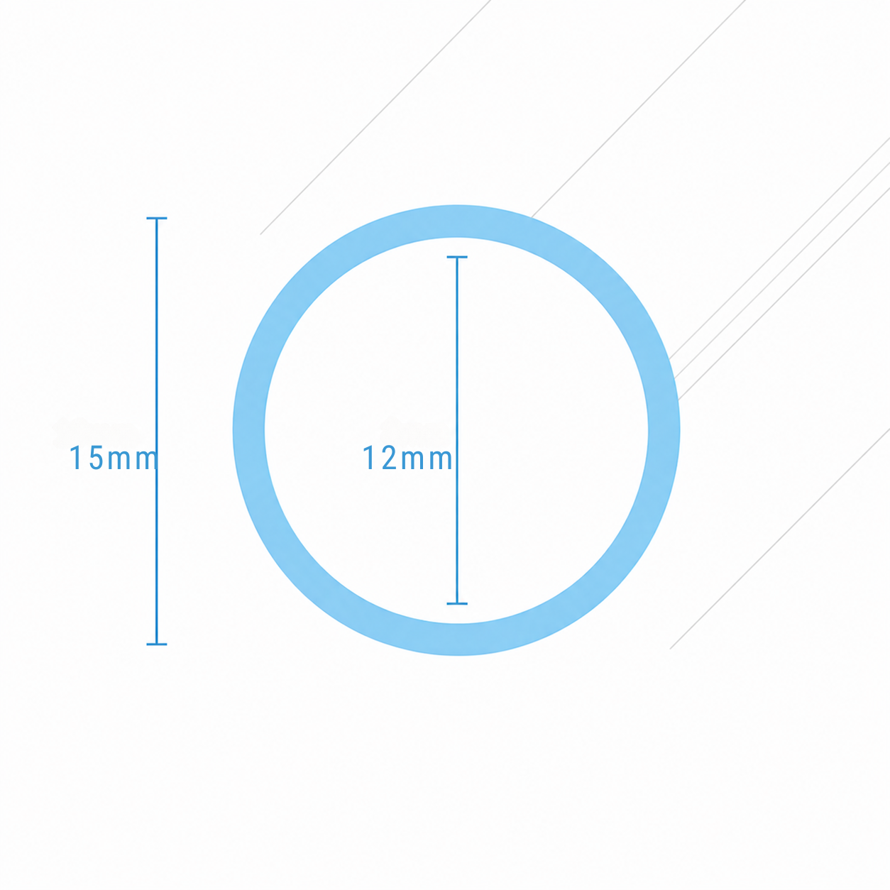 Cross section diagram of PVC tube showing 15mm outer diameter and 12mm internal diameter