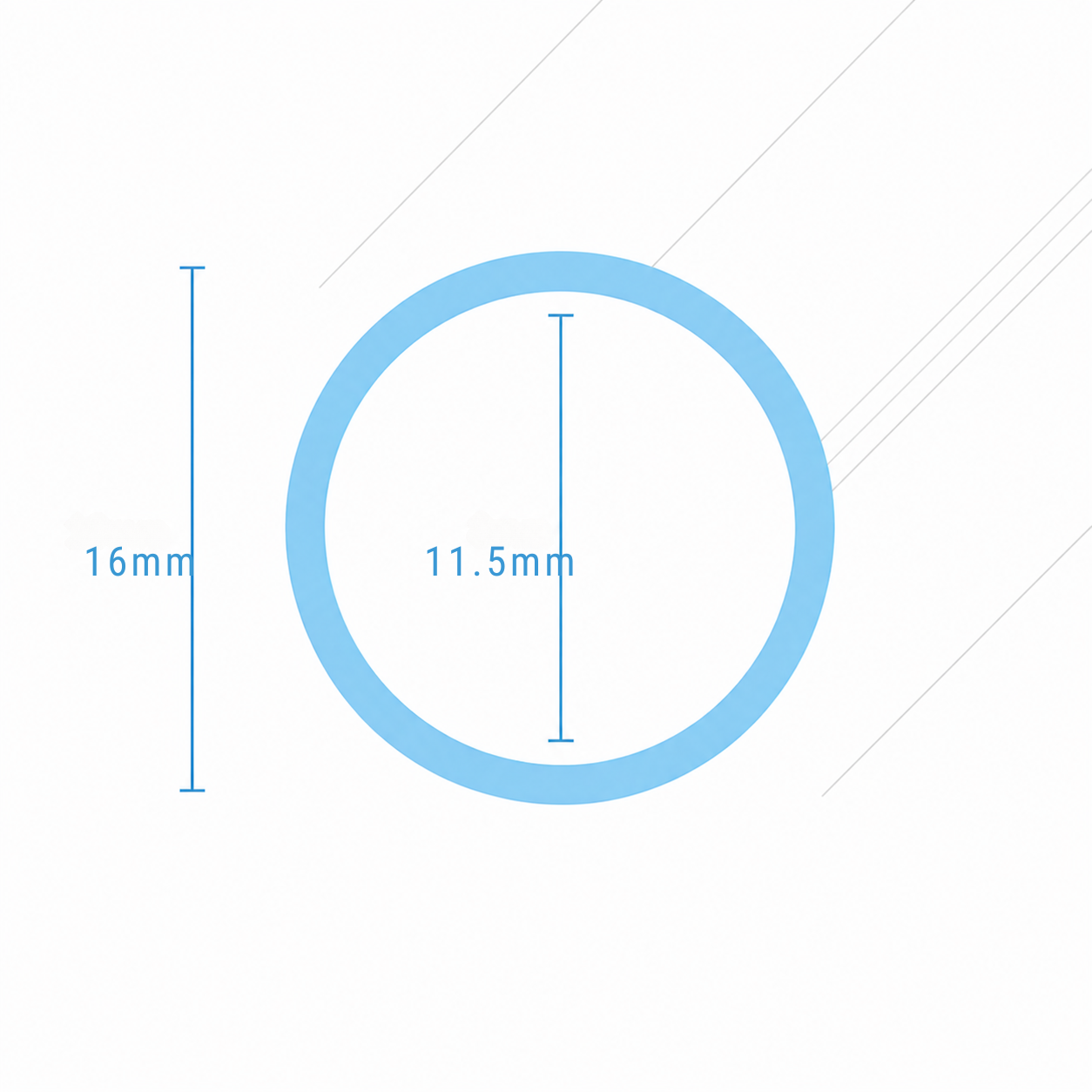 Cross section diagram of PVC tube showing 16mm outer diameter and 11.5mm internal diameter