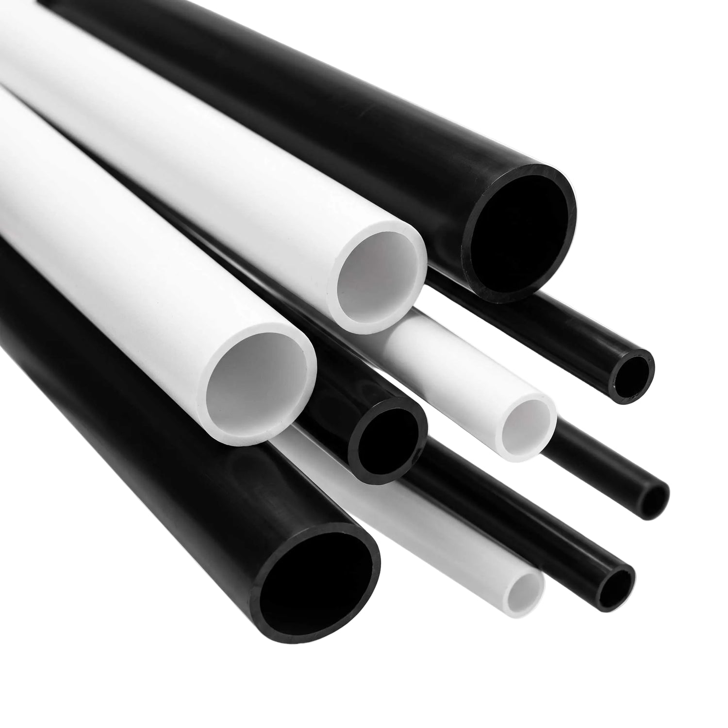 White and black rigid PVC round tube, multiple diameters, 1 metre lengths - Plastic Profile Supplies