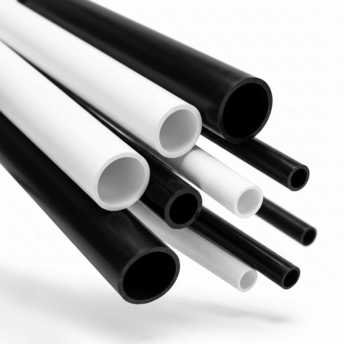 White and black rigid PVC tubes in various diameters and 1 metre lengths from Plastic Profile Supplies
