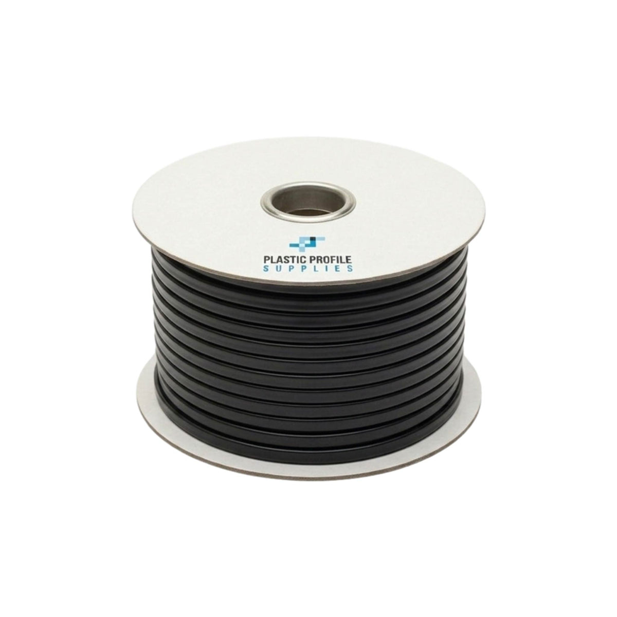 Black flexible PVC T-section trim wound on a spool