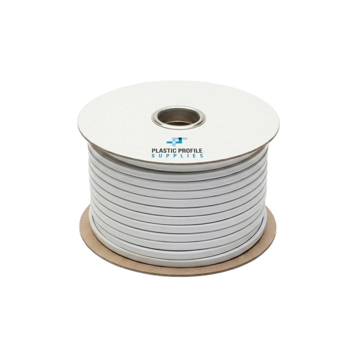 White flexible PVC T-section trim wound on a spool